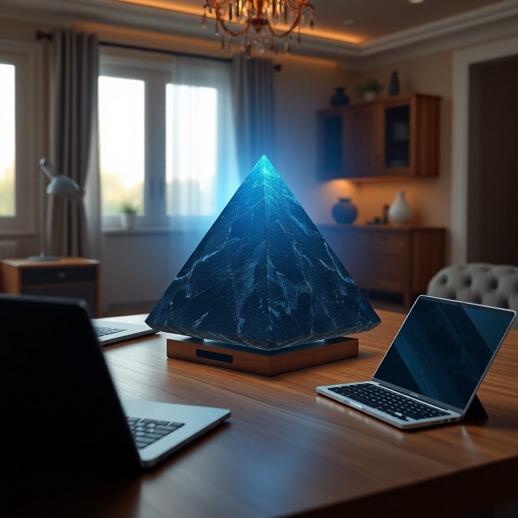 A photorealistic image depicting a serene home interior scene, with various electronic devices subtly present (laptop, phone, etc.) but the focal point is a beautifully crafted shungite pyramid or sphere gently radiating a calming, blue energy field that neutralizes the electronic devices.  The image should emphasize peace and harmony.