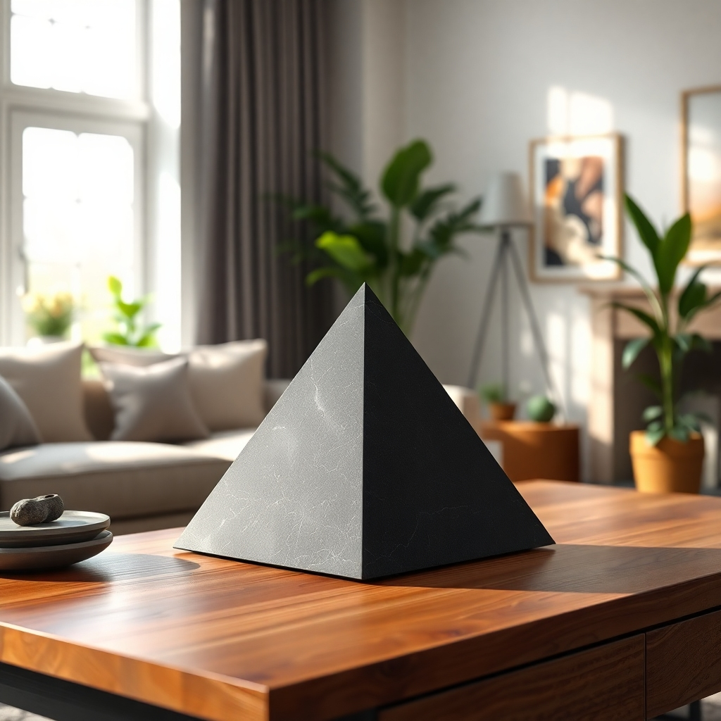 A photorealistic image of a beautifully lit living room, featuring a stylish Schungite pyramid placed on a wooden table.  The pyramid should appear smooth, dark grey-black, and have a subtle glow emanating from it.  The background should show a calm and serene atmosphere, such as soft lighting, plants, and comfortable furniture.