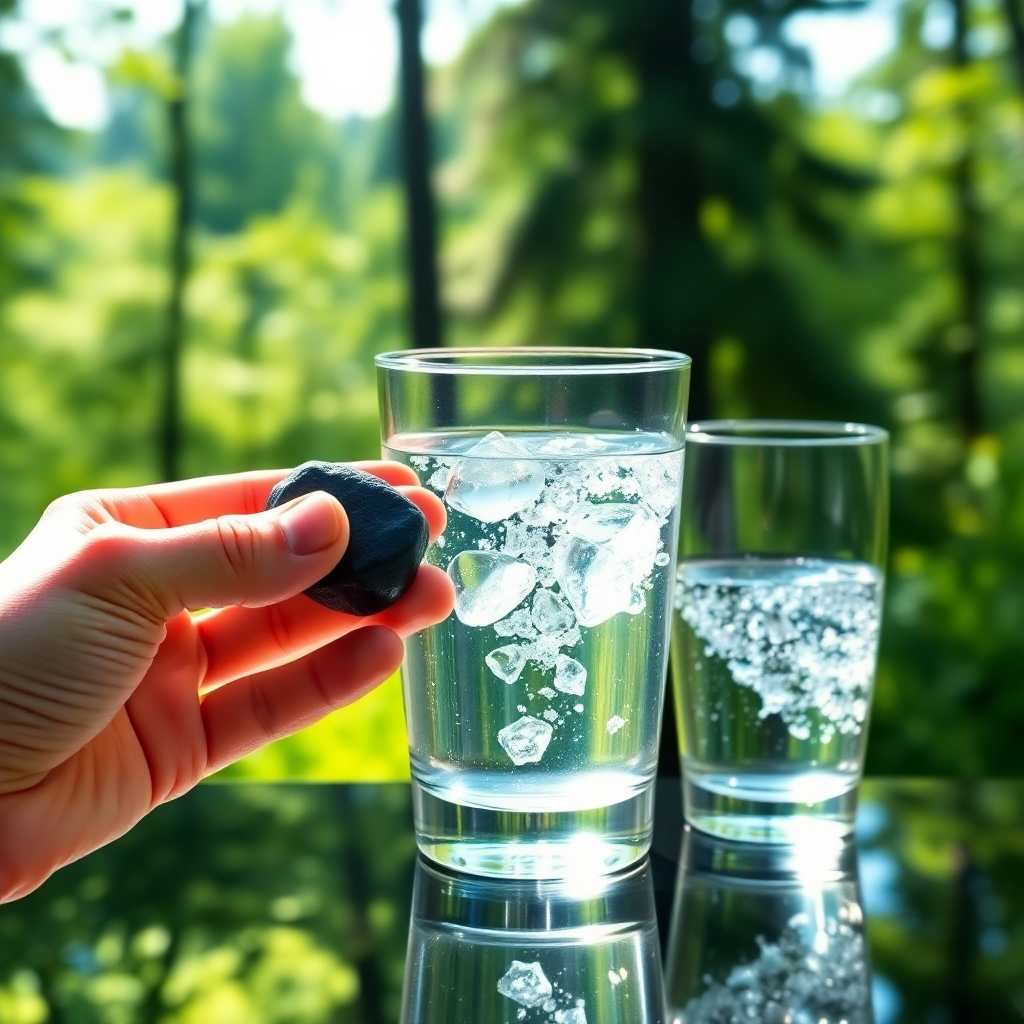 A photorealistic image of a hand holding a smooth, black shungite stone near a glass of clear, sparkling water with light reflecting off the surface, set against a backdrop of lush green forest. The overall lighting should be soft and natural, conveying a sense of purity and serenity.