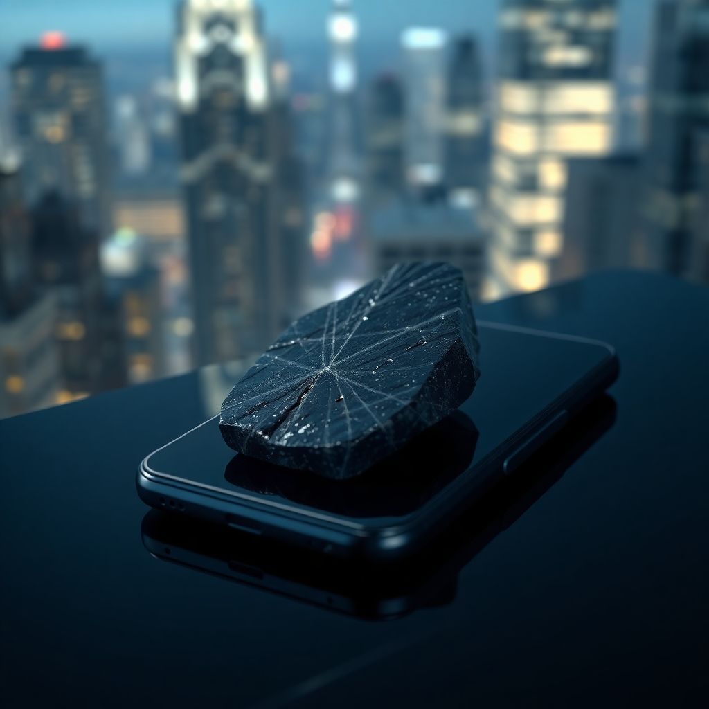 A photorealistic image of a polished piece of shungite resting on a sleek, modern smartphone, with subtle, glowing electromagnetic field lines emanating from the phone but visibly stopping at the shungite. The background should be a blurred, abstract representation of a city at night, showcasing high-rises and technology.  Focus on the shungite's texture and the contrast between the natural stone and the technological elements.