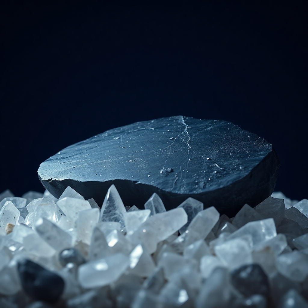 A photorealistic image of a smooth, polished piece of shungite resting on a bed of natural crystals. Soft, ethereal lighting should create a mystical and protective atmosphere. The background should be a deep indigo, suggesting peace and tranquility.