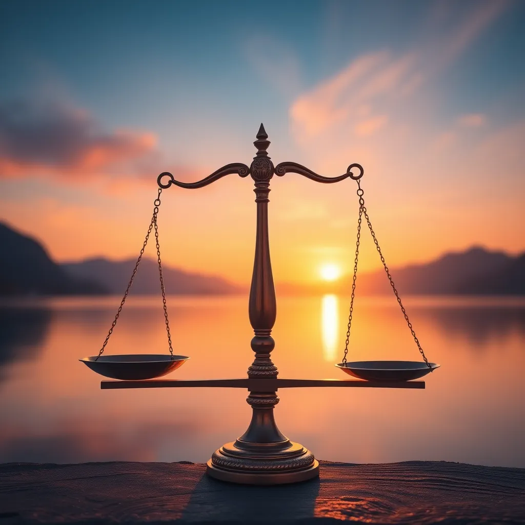 A vibrant image of a balanced scale, with one side depicting a person's potential and the other side representing their current state. The background could be a serene landscape with a calm lake and mountains, representing peace and stability.