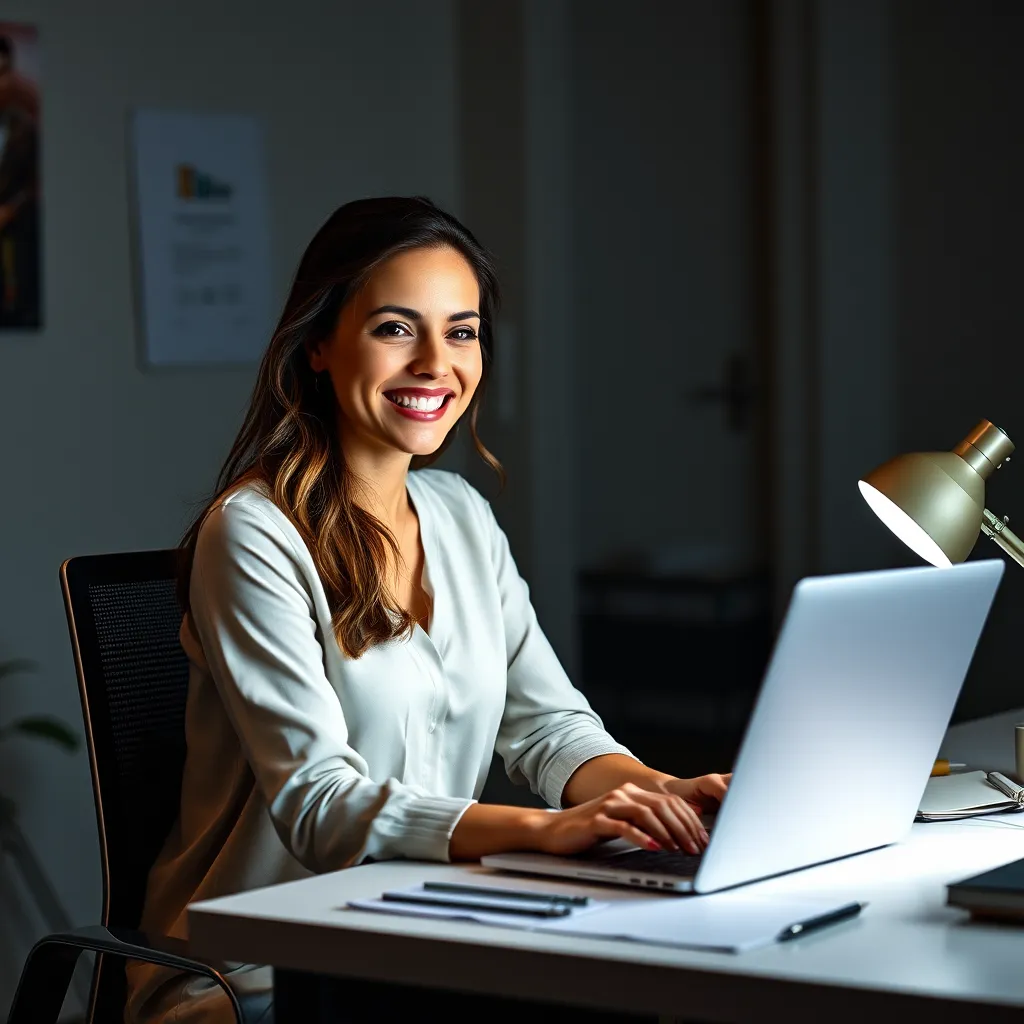 A woman sitting at her desk with a laptop, confidently working on a project. She is smiling and exuding a sense of accomplishment. The image should convey a feeling of self-belief and empowerment.