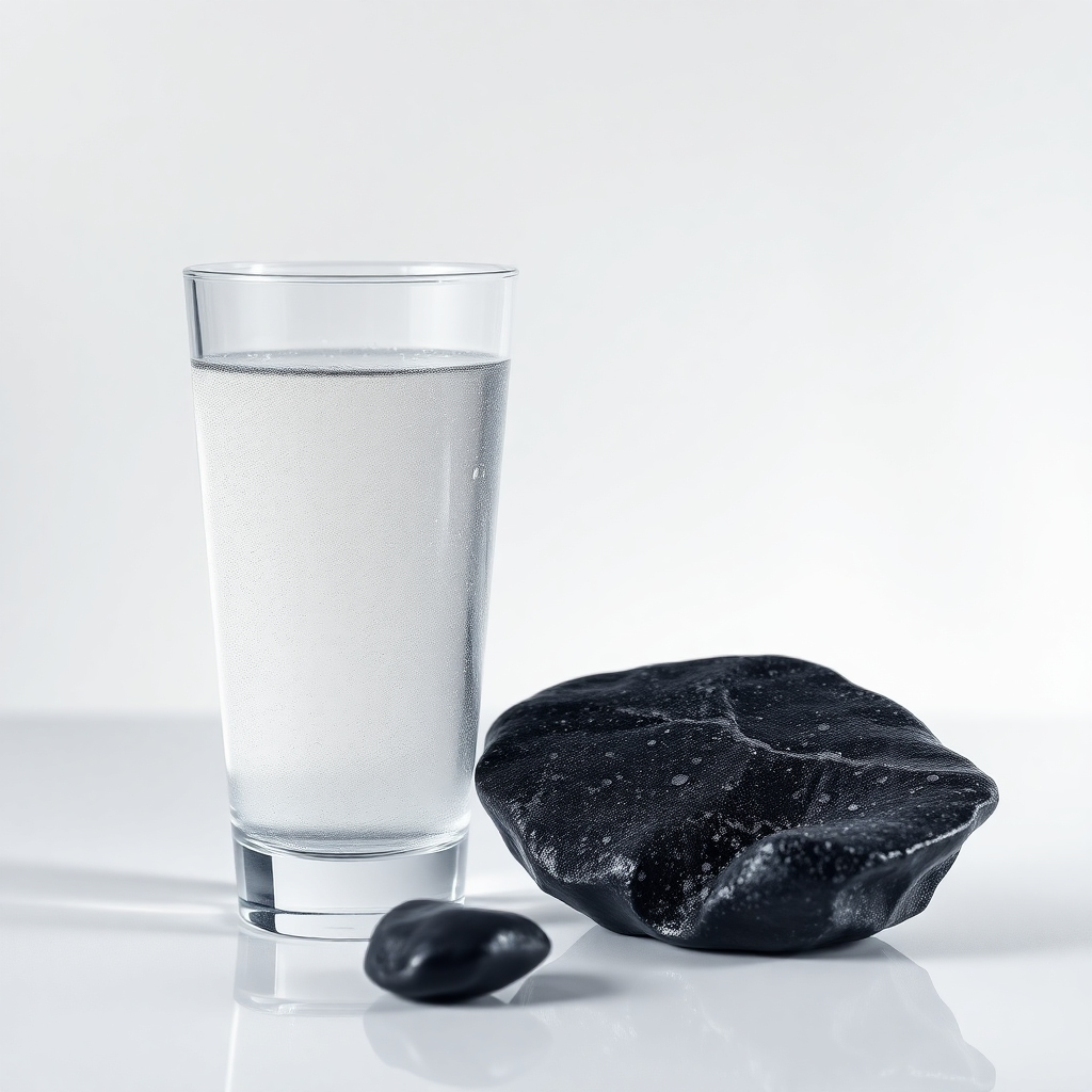 Photorealistic image of a glass of sparkling, pure water next to a piece of polished shungite stone on a white background.  Water droplets are visible on the shungite and the glass. The background is softly blurred. The overall mood is clean, refreshing, and healthy.  Focus on the clarity and purity of the water and the smooth texture of the shungite.