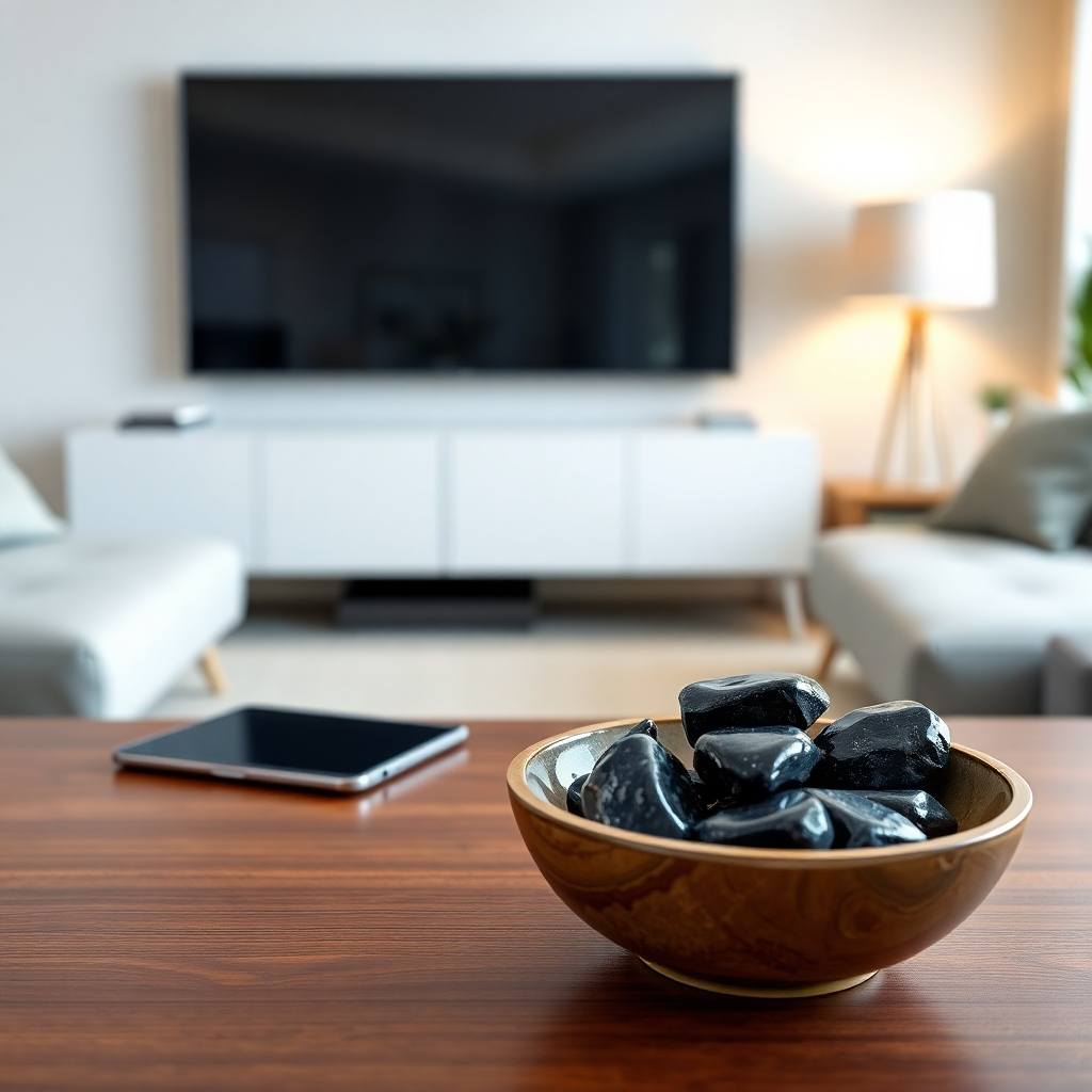 Photorealistic image of a modern living room with minimalist design.  A small, elegant bowl of polished shungite stones is placed on a coffee table near electronic devices (laptop, smartphone subtly visible in the background, but not in focus). The lighting is soft and warm, with a focus on the calm and peaceful atmosphere. The image should convey a sense of balance between technology and nature.