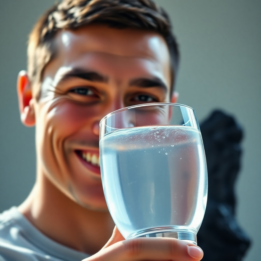 Photorealistic image of a person drinking a glass of water.  The person is smiling and healthy-looking, with glowing skin. In the background, a dark piece of shungite is slightly blurred, but visible, implying that the water has been treated with it.  The overall lighting is bright and natural.  The mood is positive, healthy, and vibrant.