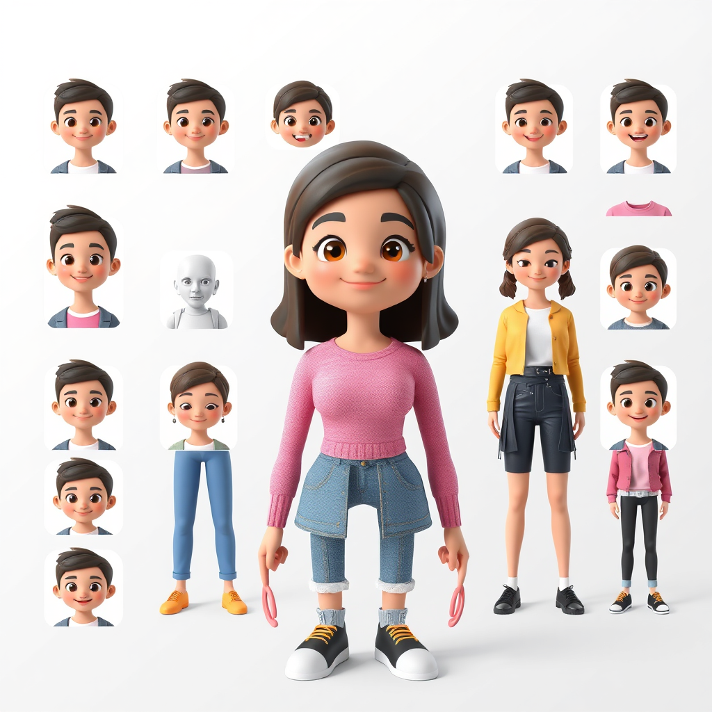 A 3D render of a customizable AI avatar, showcasing various expressions and outfits. The background is a clean, modern gradient. The avatar should appear friendly and approachable. Focus on visual customization options.