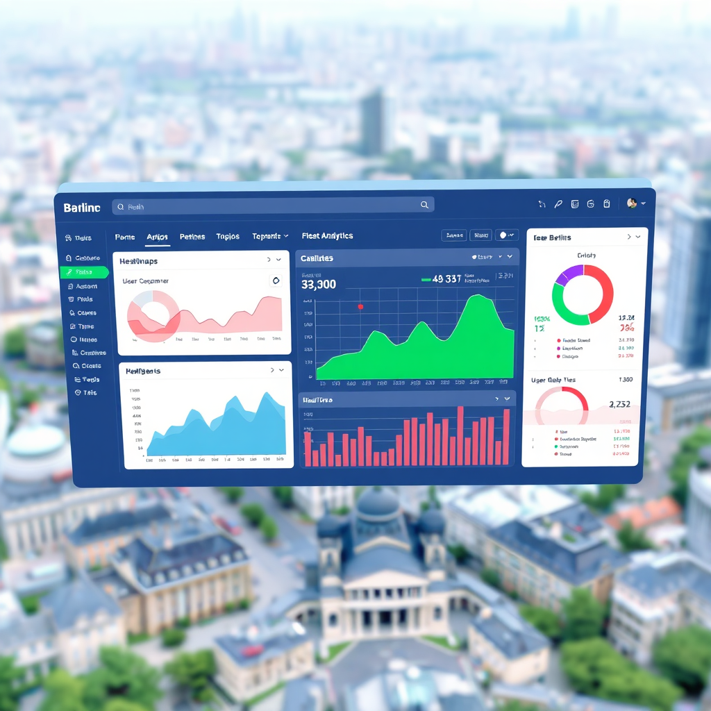 A 3D rendering of a website dashboard displaying real-time analytics, heatmaps, and user behavior patterns. The dashboard is overlaid on a Berlin cityscape. The visualization shows insights and data points. Color scheme is predominantly blue and green, with subtle red accents highlighting key performance indicators.