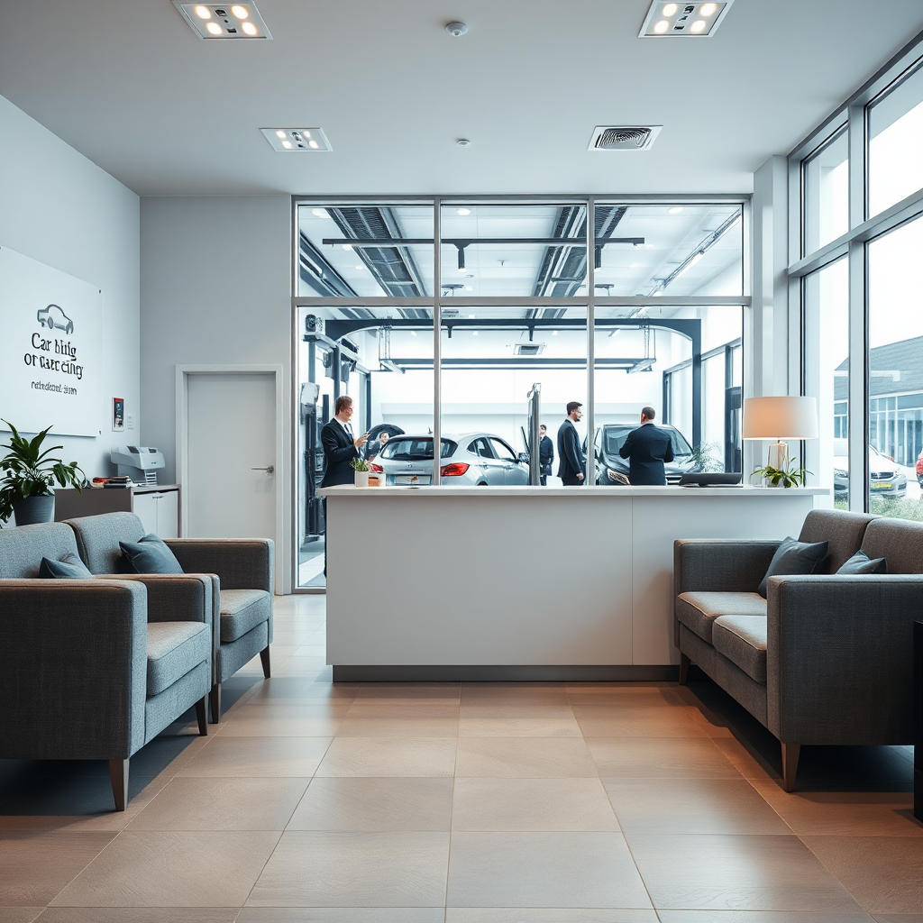 A 4K, high-quality image capturing the interior of Car Detailing Shop Berlin. The scene showcases a welcoming reception area with comfortable seating, a clean desk, and a friendly receptionist. Behind the reception, large windows offer a glimpse into the detailing bay where a team of professionals is working on a car. The environment is brightly lit, modern, and spotless. The color palette is professional and inviting, with accents of the company's branding. The camera angle is wide, capturing the entire reception area and the glimpse into the detailing bay. The image should convey a sense of professionalism, cleanliness, and customer care. Style: Modern interior photography with a focus on detail and inviting ambiance.