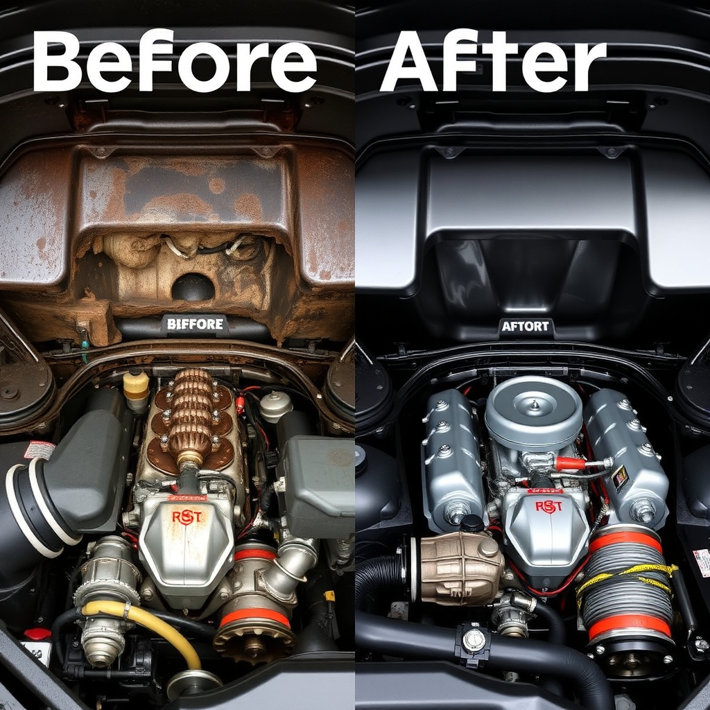 A before-and-after image of an engine bay detailing. One side of the engine bay is dirty and greasy, while the other side is clean and detailed, with gleaming metal and plastic components. The lighting is even and highlights the contrast. The camera angle is wide, showing the entire engine bay. Style: Automotive detailing photography with a focus on dramatic transformation.