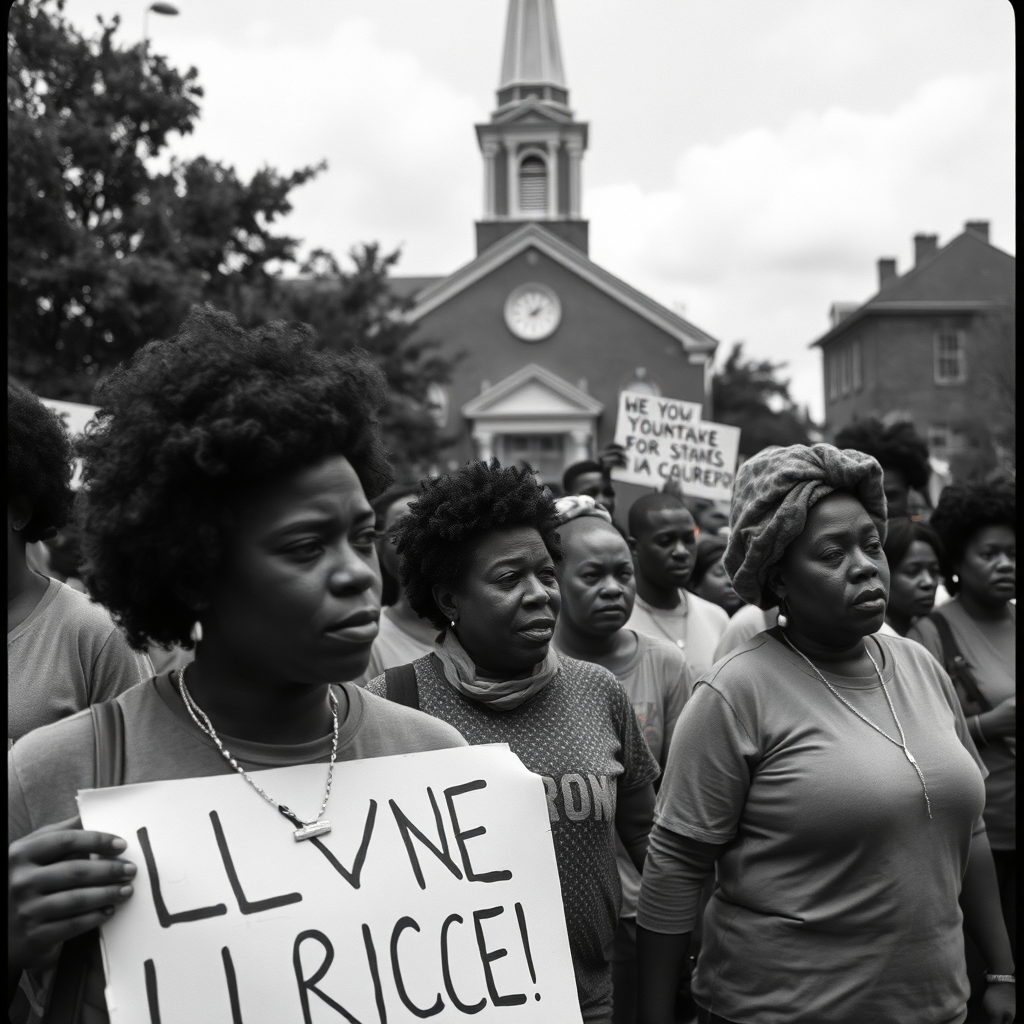 A black and white image, reminiscent of historical photographs, depicting a group of Black people marching peacefully for civil rights. A church building is visible in the background, symbolizing the church's involvement in the movement. Style reference: Civil Rights Movement photography. Technical specs: 4K resolution, high quality.