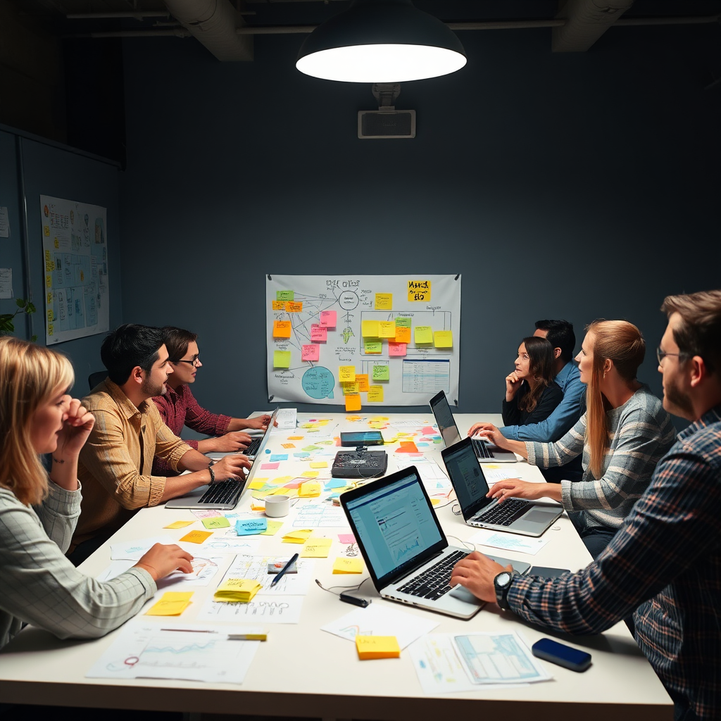 A brainstorming session. Several people are gathered around a table, covered in sticky notes, mind maps, and laptops displaying analytics dashboards. The atmosphere is energetic and collaborative, with individuals exchanging ideas and analyzing data to refine their ad strategies. Lighting is bright and focused on the table, emphasizing the importance of the planning process. 4K.