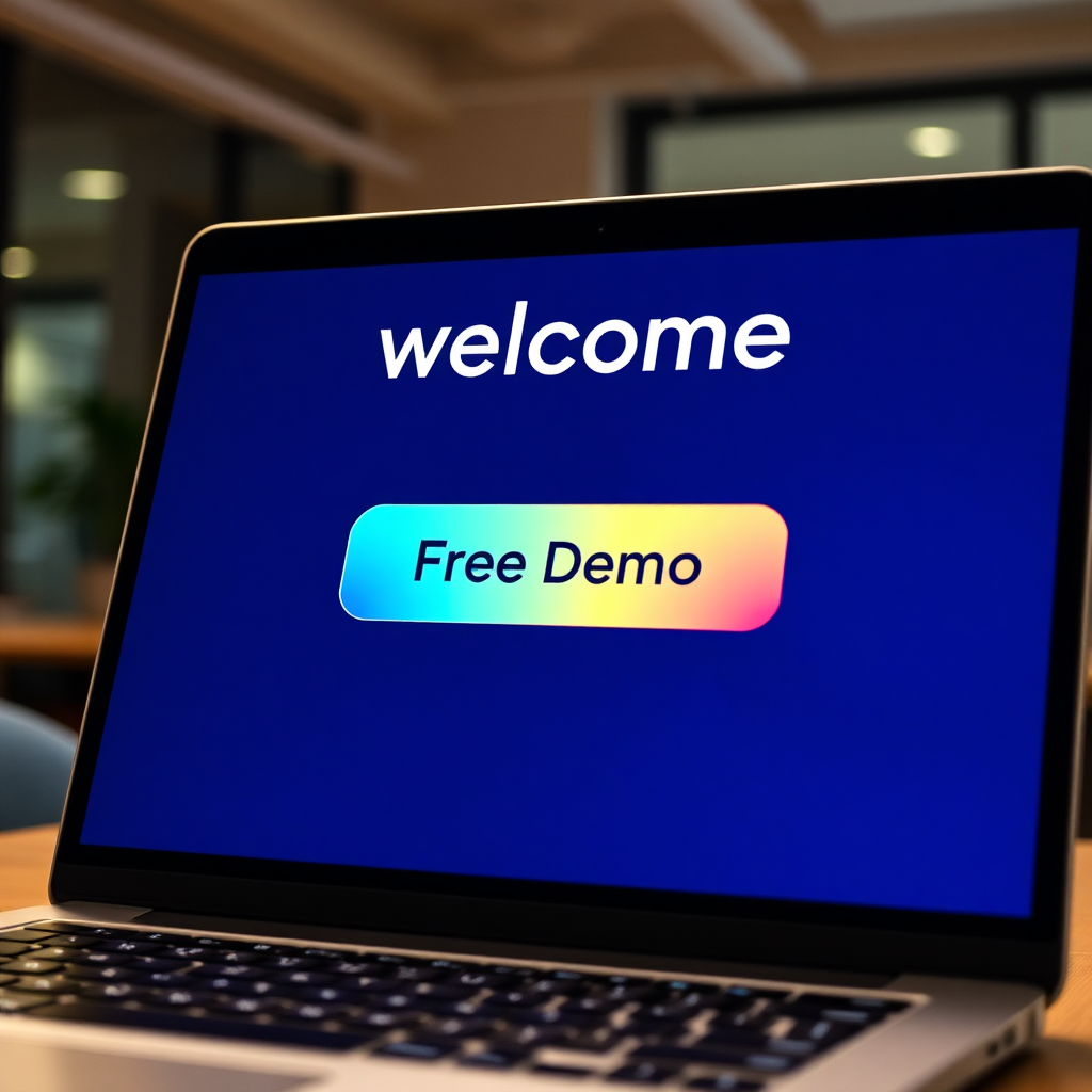A brightly lit, welcoming screen displaying a 'Free Demo' button. The screen is part of a laptop in a modern Berlin office. The button has a gradient fill, using brand colors. Style: Modern, clean. Texture: Smooth screen, reflective light. Camera angle: close up to the screen. The feeling should be that of a high converting landing page.