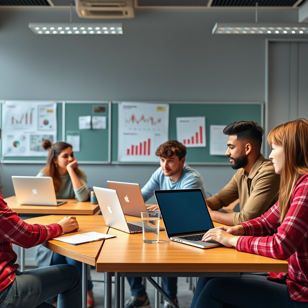 A classroom setting, but with a modern twist. Students are engaged and interactive, learning about affiliate marketing strategies. Include laptops, charts and graphs in the background. Focus on creating an inviting and educational atmosphere. 4K resolution.