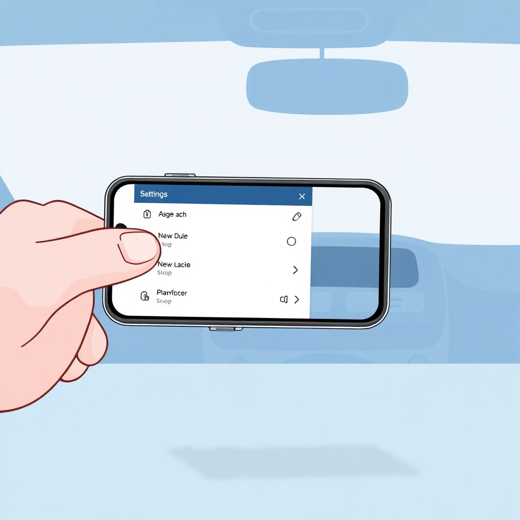 A clean, minimalist illustration showing a smartphone pointed at a car, with a settings panel overlaying the image. The interface is intuitive and user-friendly, emphasizing the ease of setup. The color palette is simple and modern, with a focus on clarity and efficiency. Technical specs: 4K resolution, high quality.