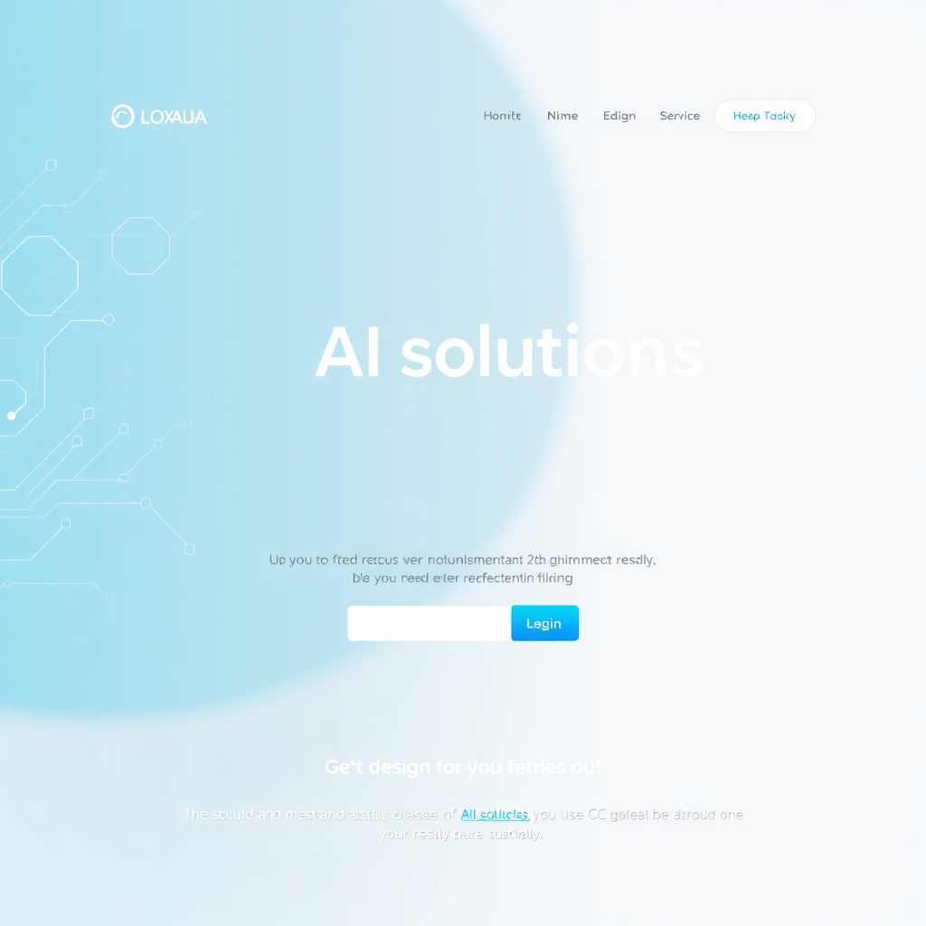 A clean, modern design of a business website landing page showcasing AI solutions. The website should feature a clear call-to-action button and a prominent logo. The background incorporates abstract AI-themed graphics. The colors are professional, with a balance of blues and whites. 4k, website mockup.