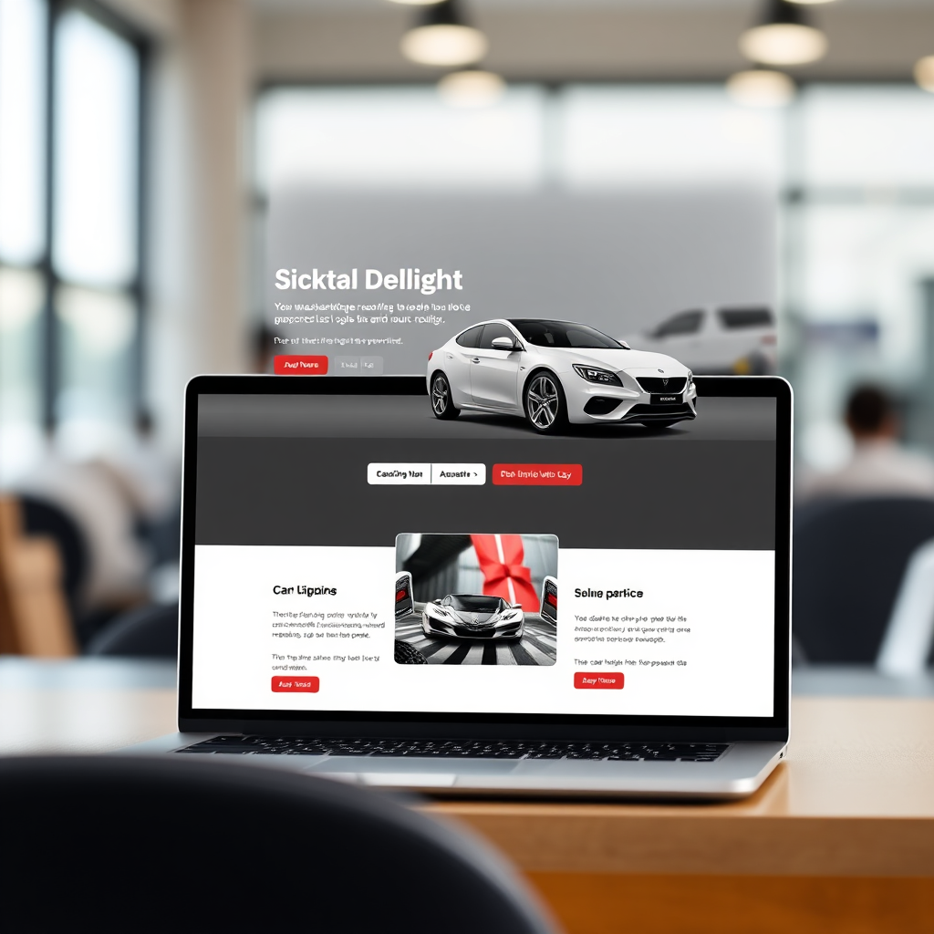 A clean, modern website design mockup displayed on a laptop screen, showcasing a car dealership's online presence. The design should be visually appealing and user-friendly, with clear calls to action. The color palette should be professional and inviting.