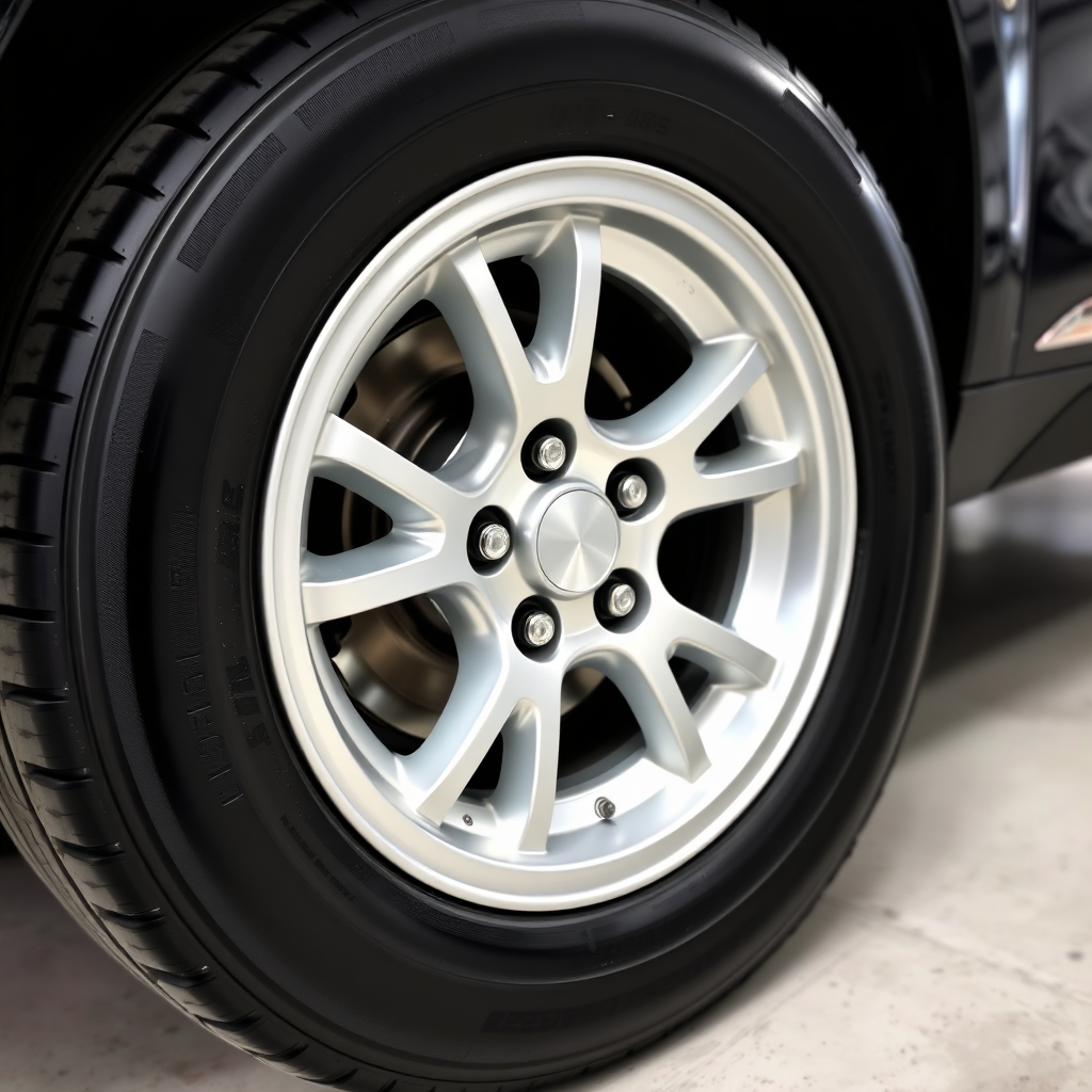 A close-up image of a freshly detailed wheel and tire. The wheel is spotless, and the tire has a deep, black sheen from the tire dressing. The camera angle is close, highlighting the detail. Style: Automotive detailing photography with a focus on wheel and tire care.