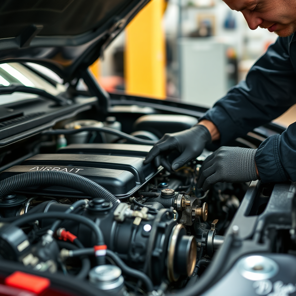 A close-up image of a mechanic working on a car engine, highlighting the intricate details and complexity of the engine components.