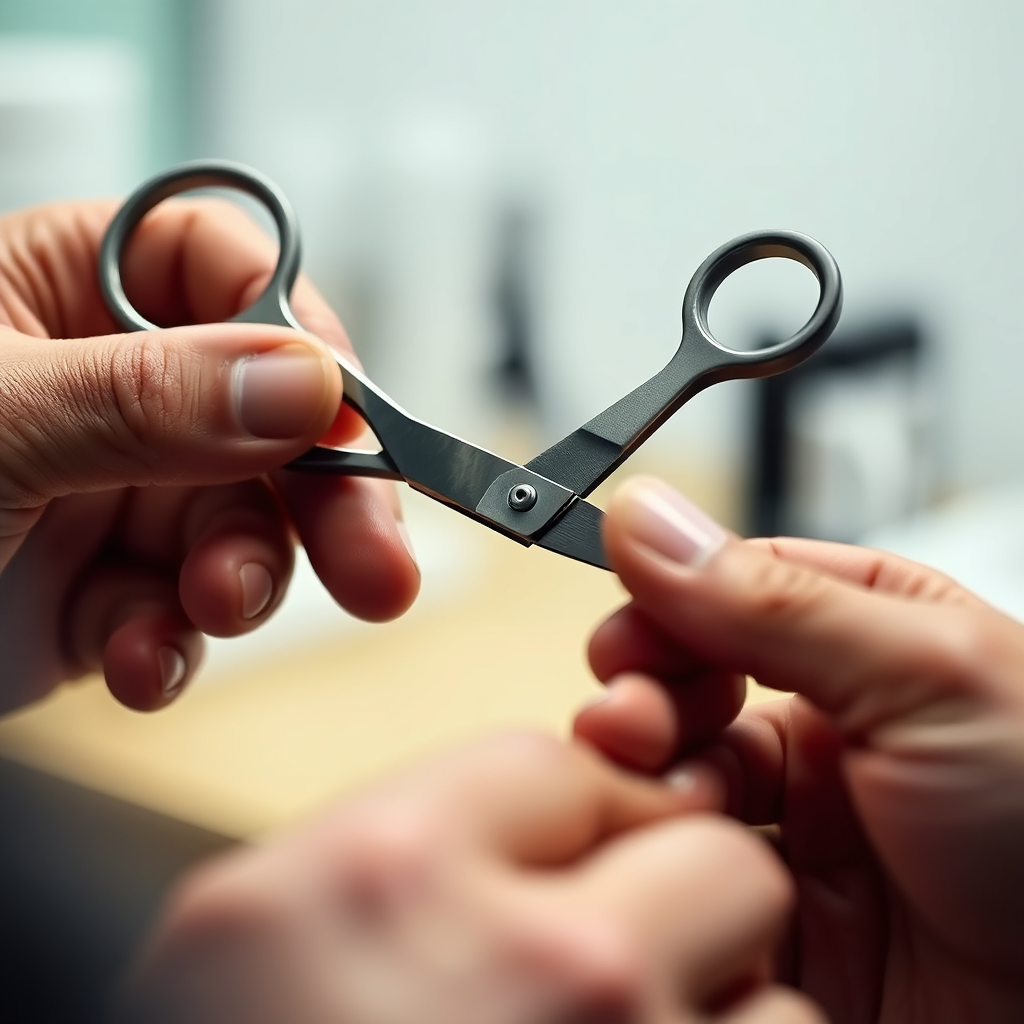 A close-up image of a professional carefully sharpening a pair of barber shears with specialized equipment. Focus on the precision and detail. Soft, focused lighting on the blade. The background is a clean workspace. Symbolize expertise and quality.
