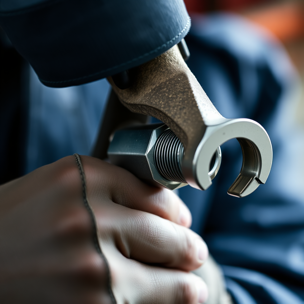 A close-up of a mechanic tightening a bolt with a wrench, symbolizing reliability and precision.