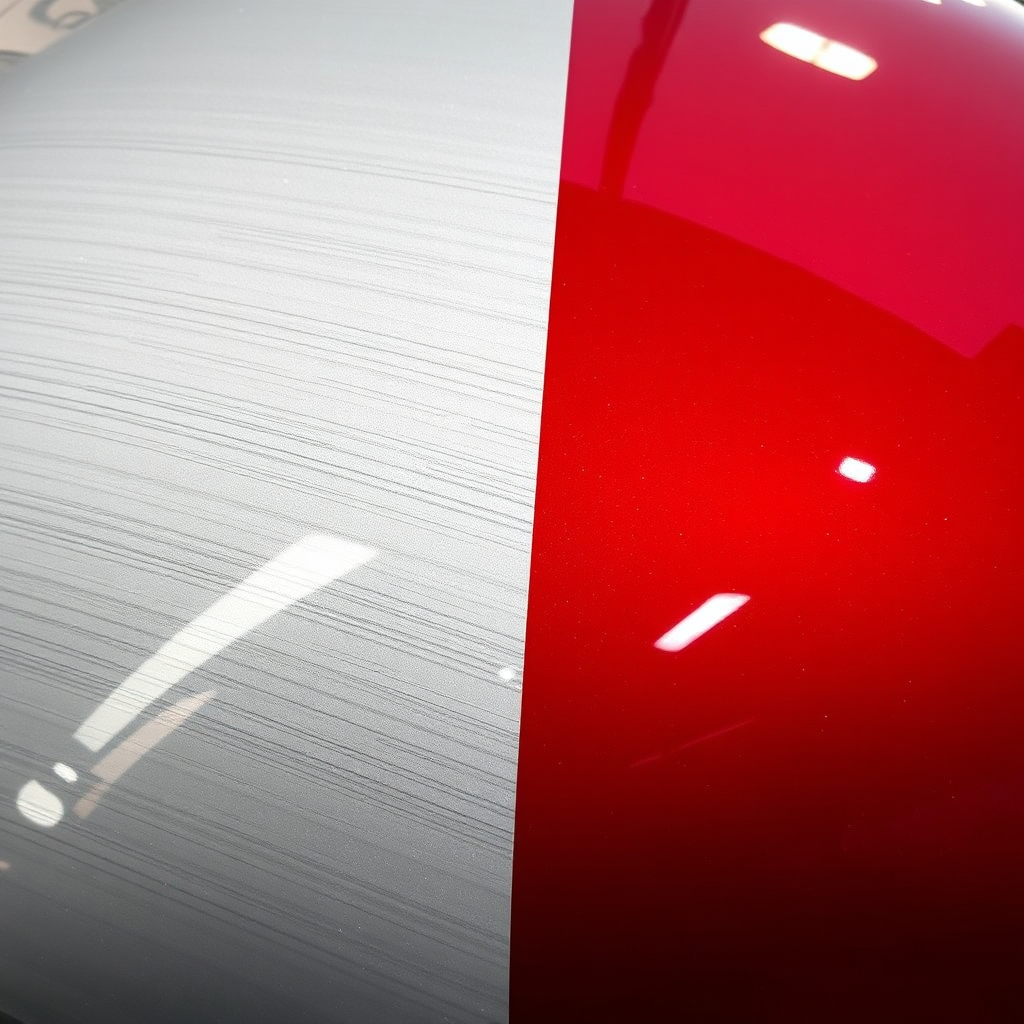 A close-up, photorealistic image showcasing a car's paint surface undergoing paint correction. One half of the panel is swirled and dull, while the other half is perfectly corrected, gleaming and reflective. Focus on the dramatic difference. Lighting is direct and highlights the imperfections and the corrected finish. Camera angle is very close, capturing the texture of the paint. Style: Before-and-after automotive detailing photography.