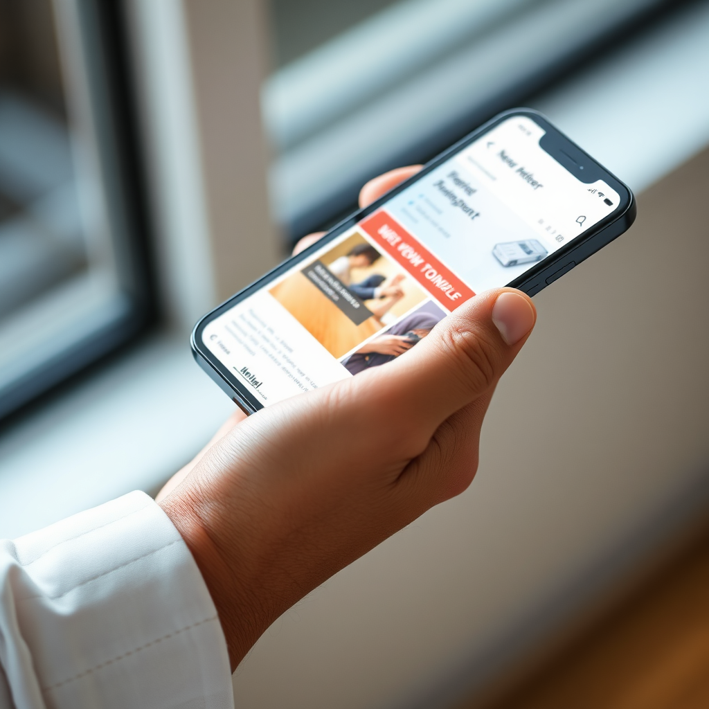 A close-up, photorealistic image of a hand holding a smartphone displaying a vibrant website interface. The background is blurred, focusing attention on the smartphone screen. The lighting is natural and flattering, highlighting the details of the screen and the hand. The website design looks modern and responsive.