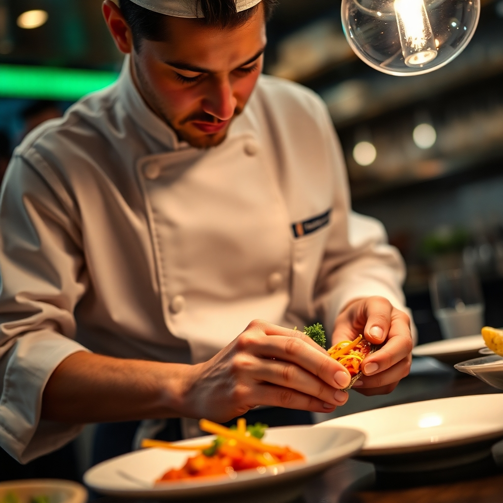 A close-up shot of a chef preparing a signature dish in one of the restaurants. The image should emphasize the chef's expertise and the care that goes into preparing the food. It should be professionally lit and shot to highlight the detail and precision of the cooking process. The background can include subtle elements of the restaurant's ambiance.