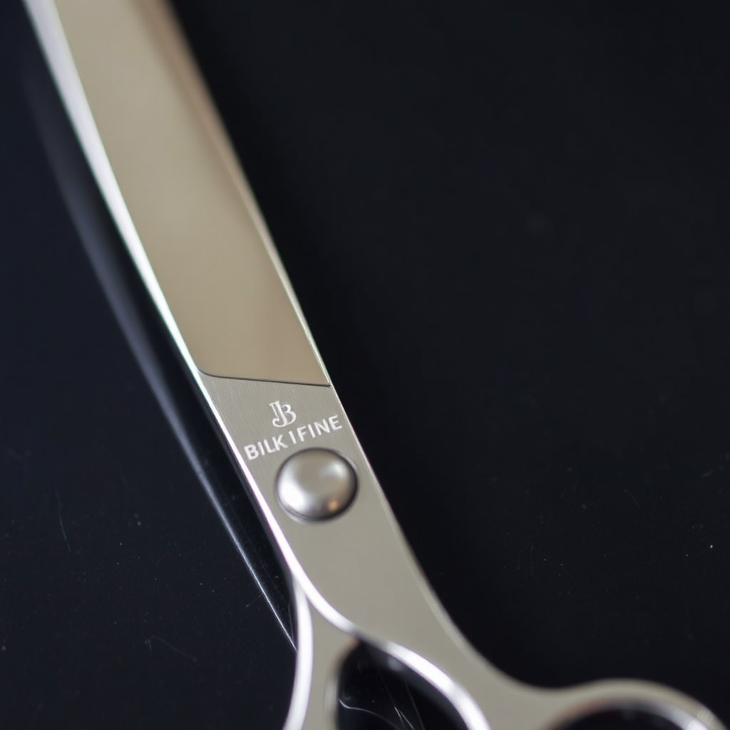  A close-up shot of a high-end pair of barber shears. The shears are made of polished stainless steel with a comfortable grip. The brand logo is visible and crisp. Soft, diffused lighting showcases the details and craftsmanship of the shears. The background is a blurred, dark surface. Emphasize the quality and brand prestige.