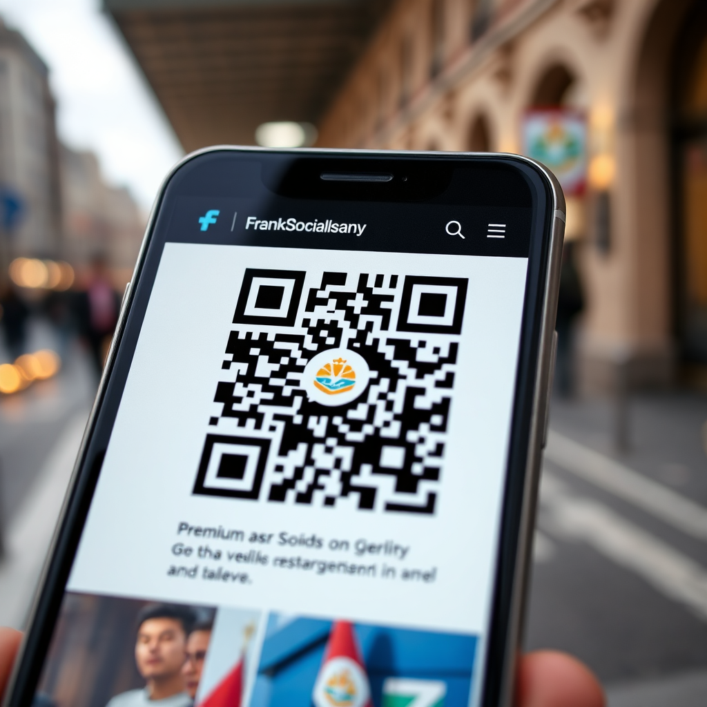 A close-up shot of a premium, uniquely designed QR code overlaid on a smartphone screen displaying a Frank Socials Agency landing page. The QR code design is visually appealing and incorporates the brand's colors and logo. The lighting highlights the QR code's details. The background is a blurred view of a busy Berlin street. Camera angle: Macro shot, capturing the QR code's intricacies. Style: Modern, sleek, and functional. Texture: Smooth screen and detailed QR code pattern.