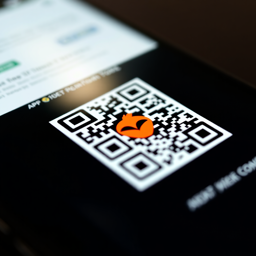 A close-up shot of a premium QR code design incorporating the brand's logo and colors. The QR code is displayed on a smartphone screen, with a landing page visible in the background. The lighting highlights the QR code's details. The color scheme is consistent with the brand's aesthetic. Camera angle: Macro shot, capturing the QR code's intricacies. Style: Modern, sleek, and functional. Texture: Smooth screen and detailed QR code pattern.