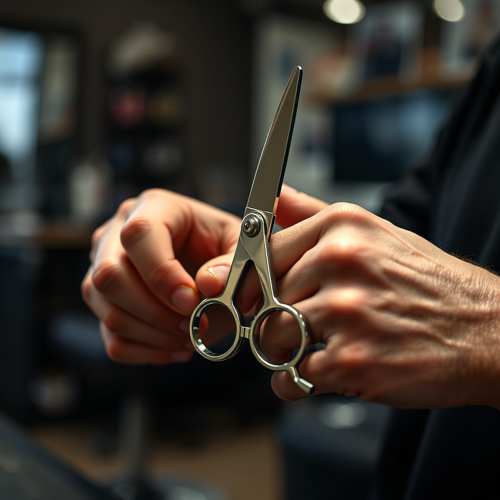 A close-up shot of hands using ergonomically designed barber scissors. The hands are comfortable and relaxed. Soft, diffused lighting highlights the ergonomic features of the scissors. The background is a blurred barber shop environment. Emphasize the comfort and precision.