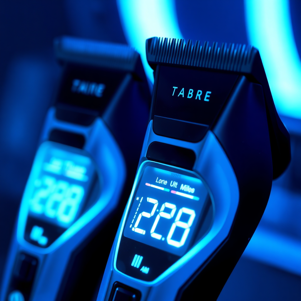 A close-up shot of modern, high-tech barber clippers with digital displays and advanced features. The clippers are sleek and ergonomic. Soft, blue lighting highlights the modern design. The background is dark and blurred. Emphasize the innovation and technology.