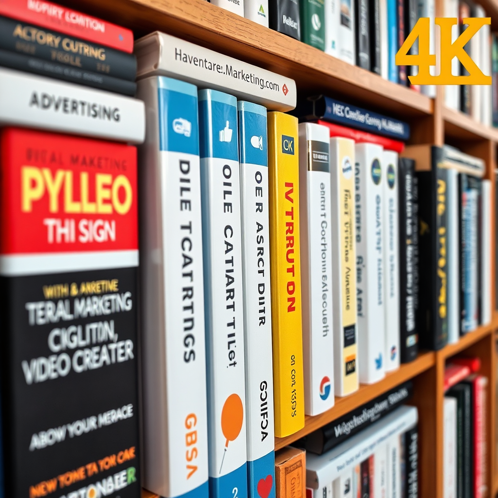 A close-up view of a bookshelf filled with books on digital marketing, advertising, video creation, SEO, and social media. The books are well-organized and visually appealing, showcasing the breadth of knowledge covered in the training program. 4K