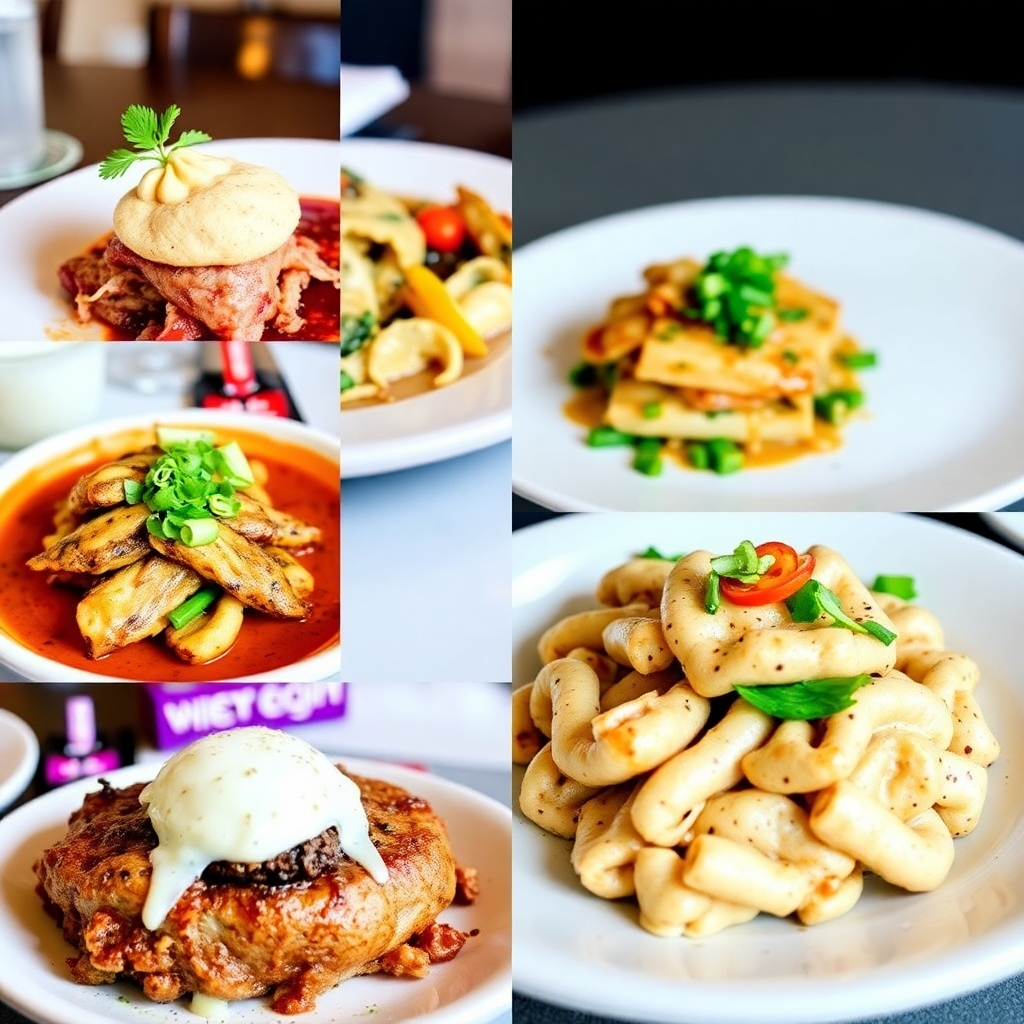 A collage of images showcasing various dishes from the two featured restaurants. The images should be high-quality and visually appealing, emphasizing the colors, textures, and details of each dish. The collage should be well-organized and easy to view, allowing viewers to get a clear idea of the culinary offerings at each establishment.