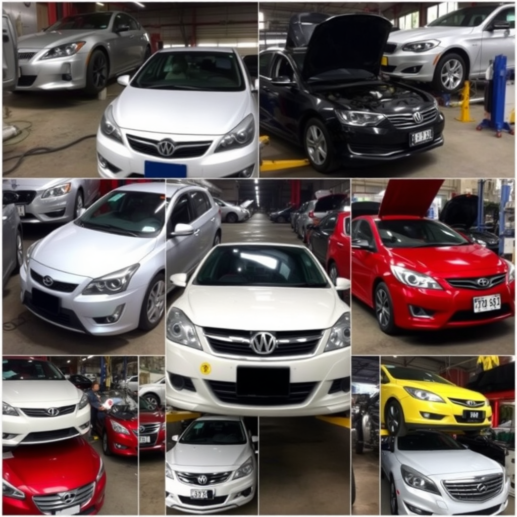 A collage of various car brands being serviced in the Oyiboke Car Repairs workshop. Show the diversity of vehicles.