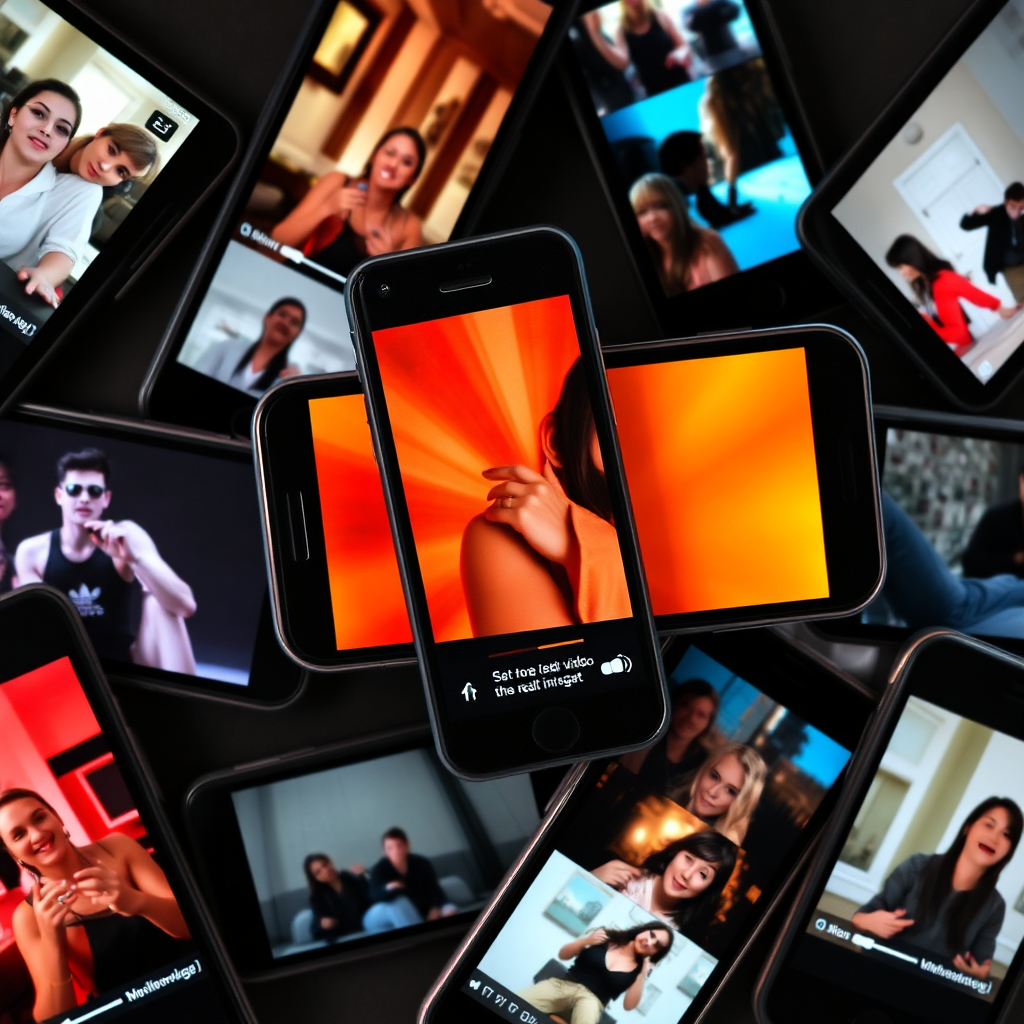 A collage of various viral video reels playing on different smartphone screens. Include trending topics and eye-catching visuals. The composition should feel dynamic and engaging, capturing the essence of viral content.