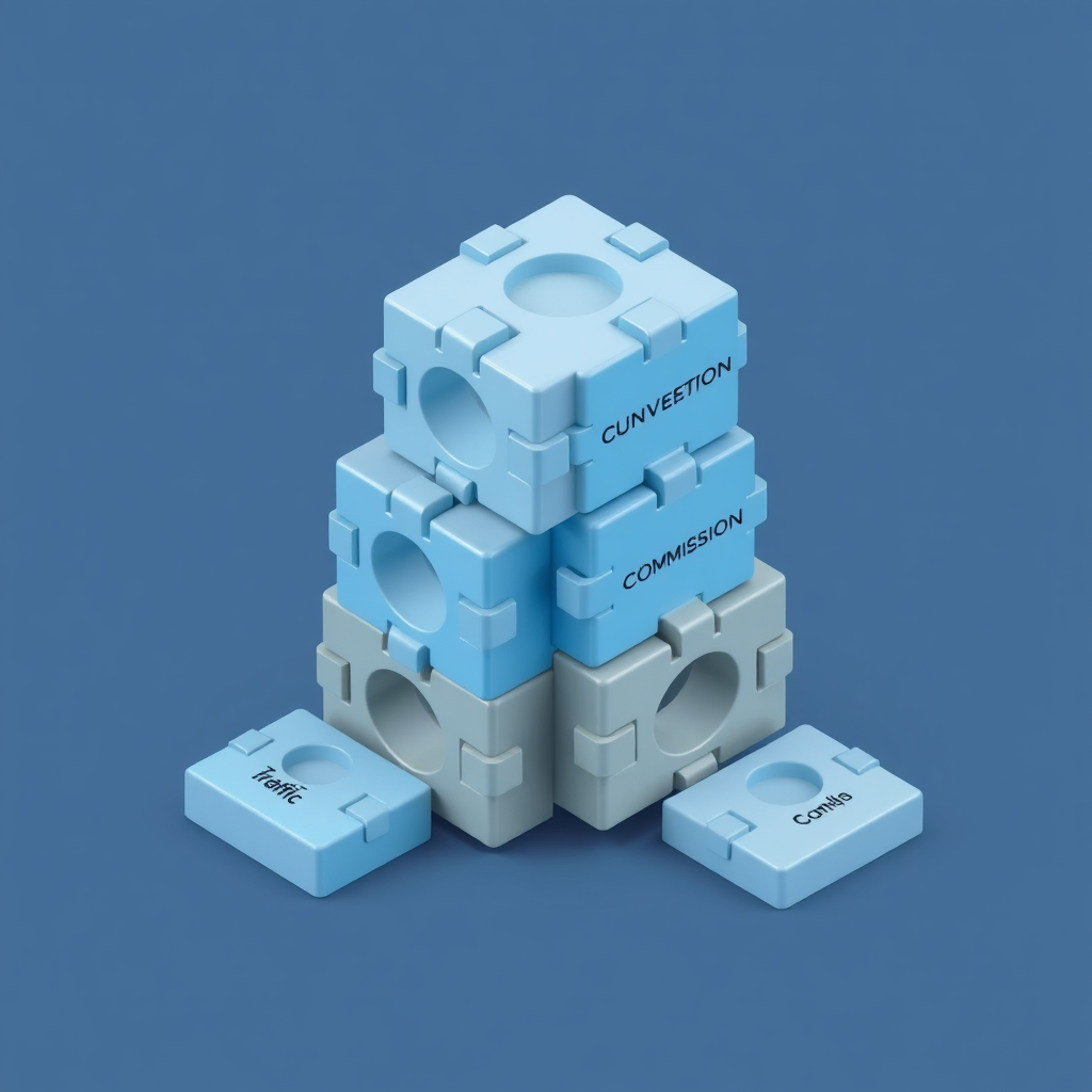 A conceptual image representing the building blocks of affiliate marketing. Imagine interlocking pieces forming a solid foundation, each piece labelled with key concepts like 'Traffic,' 'Conversion,' and 'Commission.' The color scheme is professional and trustworthy, with blues and grays. The image should be clean and modern, with a slight isometric perspective to emphasize depth. 4K resolution.