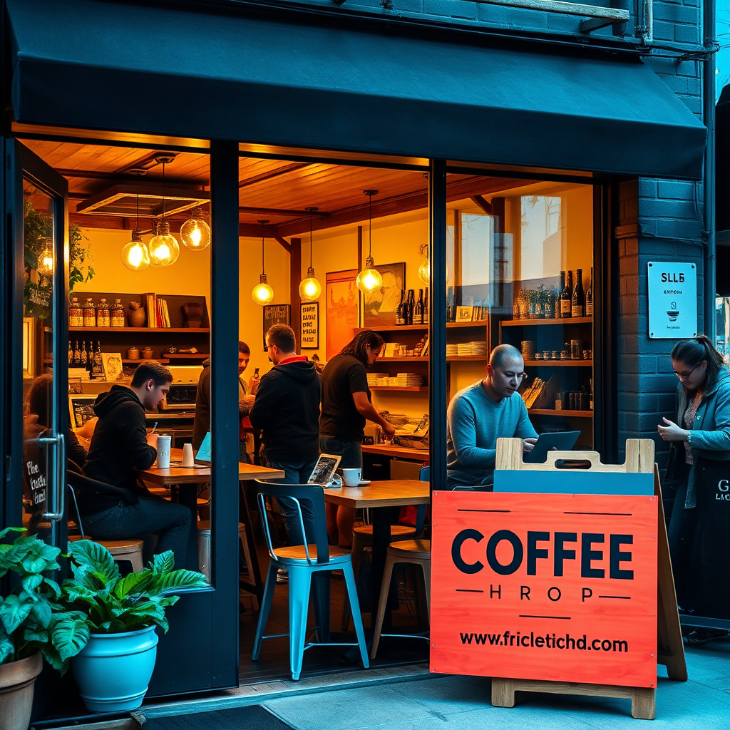 A cozy coffee shop is abuzz with activity. Customers are chatting, working on laptops, and enjoying their drinks. Outside, a sign displays the coffee shop's name and social media handles, encouraging interaction. The atmosphere is inviting and community-oriented. 4K