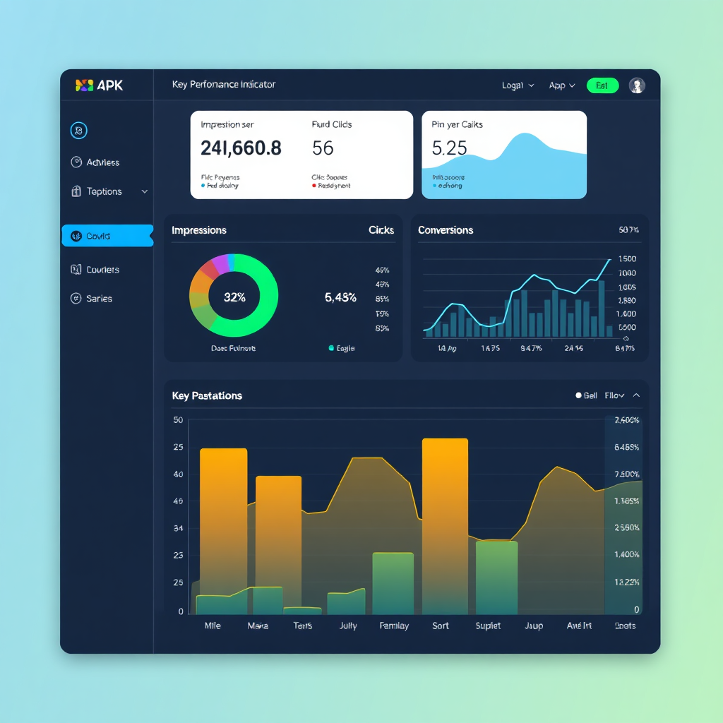A dashboard interface displaying key performance indicators (KPIs) such as impressions, clicks, and conversions. The dashboard should be visually appealing and easy to understand, with clear charts and graphs. The color scheme should be data-driven, with blues and greens. 4K resolution.