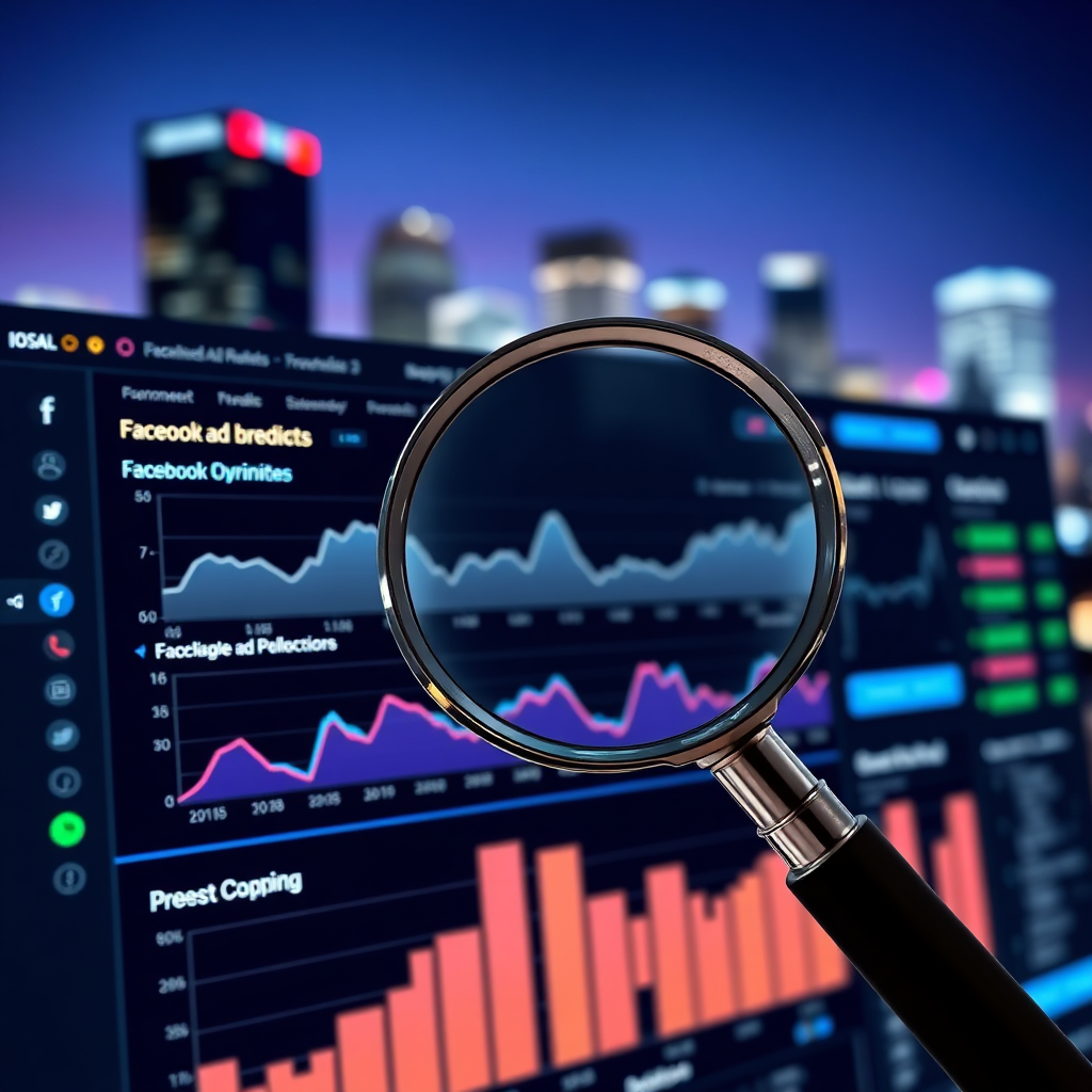A dashboard showing Facebook ad performance metrics, with a magnifying glass hovering over the data, symbolizing optimization. The background is a blurred image of a city skyline at night. The color palette should be data-driven and informative.