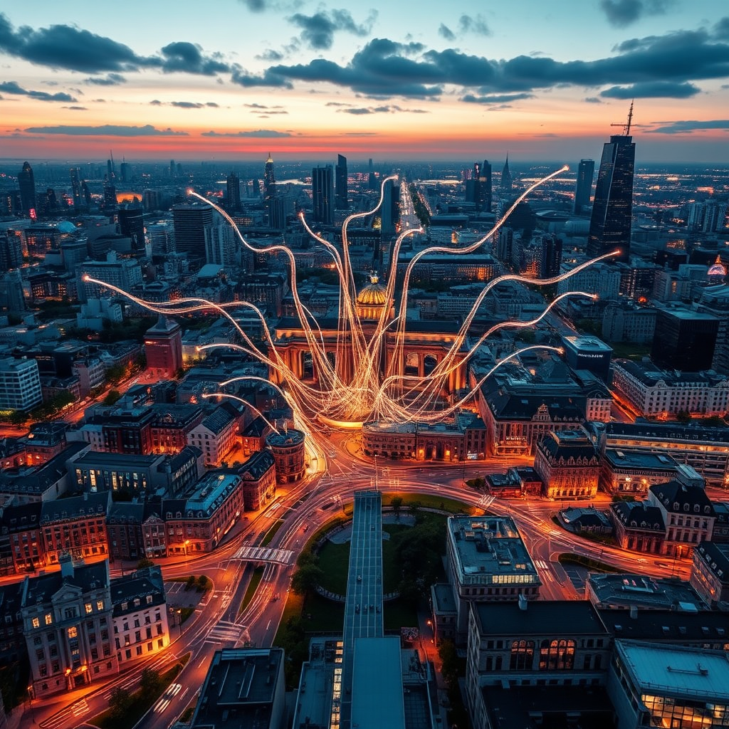 A digitally enhanced Berlin map showcasing digital tendrils sprouting from different Berlin neighborhoods towards the outside, reaching more customers thanks to affordable AI websites.