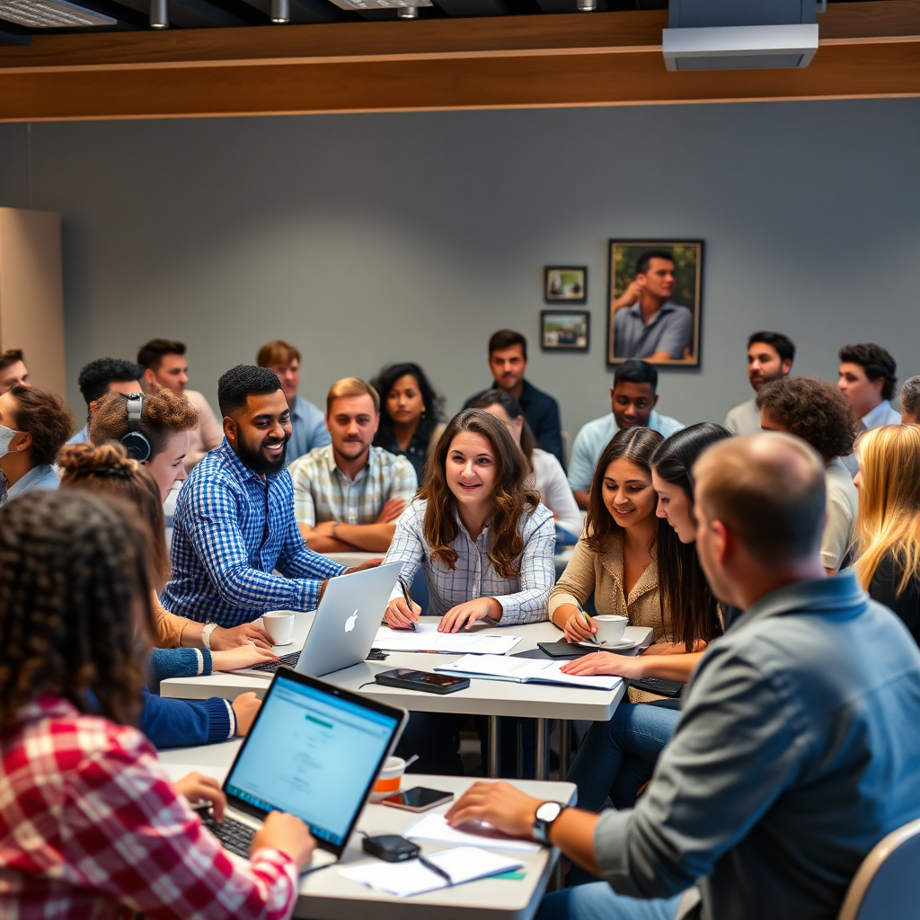 A diverse group of people with varying backgrounds and skill levels gathered in a classroom setting. They are engaged in a hands-on digital marketing workshop, learning from an experienced instructor. The atmosphere is welcoming and inclusive. 4K