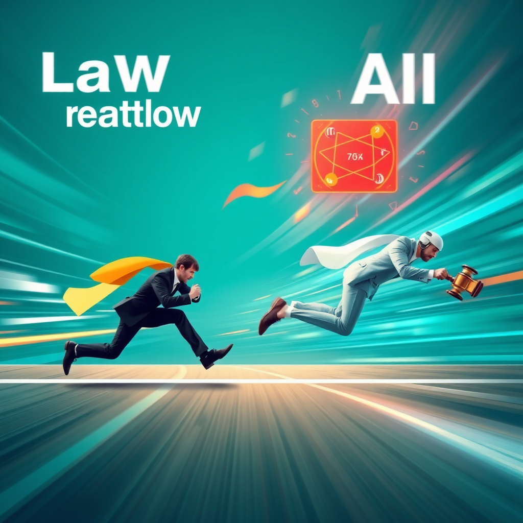 A dynamic image depicting a race between two law firms. One firm is using traditional methods, while the other is leveraging AI-powered solutions to gain a significant lead. The color palette uses contrasting colors to highlight the difference in performance. The style is energetic and competitive, conveying the idea of gaining an advantage. Technical specs: High-resolution image, dynamic composition, realistic motion blur.