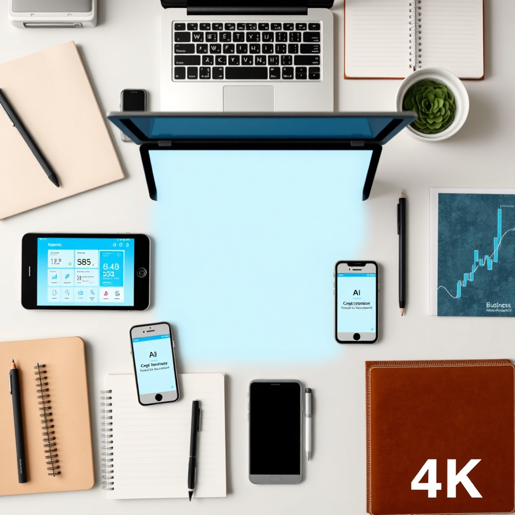 A flat lay image of various digital tools and resources, including laptops, tablets, smartphones, and notebooks, arranged neatly on a desk. Each device displays different AI business management apps. The overall style is clean and organized. The color palette is modern, using muted tones. 4k, photorealistic.