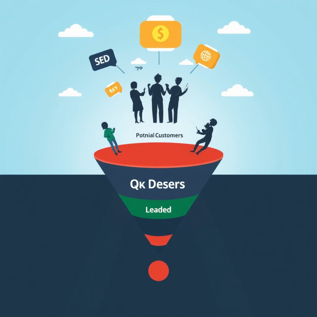 A funnel representing the lead generation process, with potential customers entering at the top and qualified leads emerging at the bottom. The funnel should be visually appealing and dynamic.