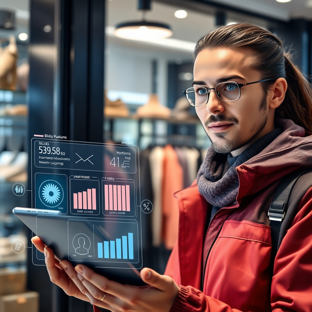 A futuristic Berlin shop owner is using a tablet with an AI assistant to manage their online store. The holographic interface shows sales figures, customer interactions, and automated marketing campaigns. The background displays the store which looks stylish and modern. Lighting is soft and professional, with a focus on the screen and the owner's face. Style reference: clean and high-tech.