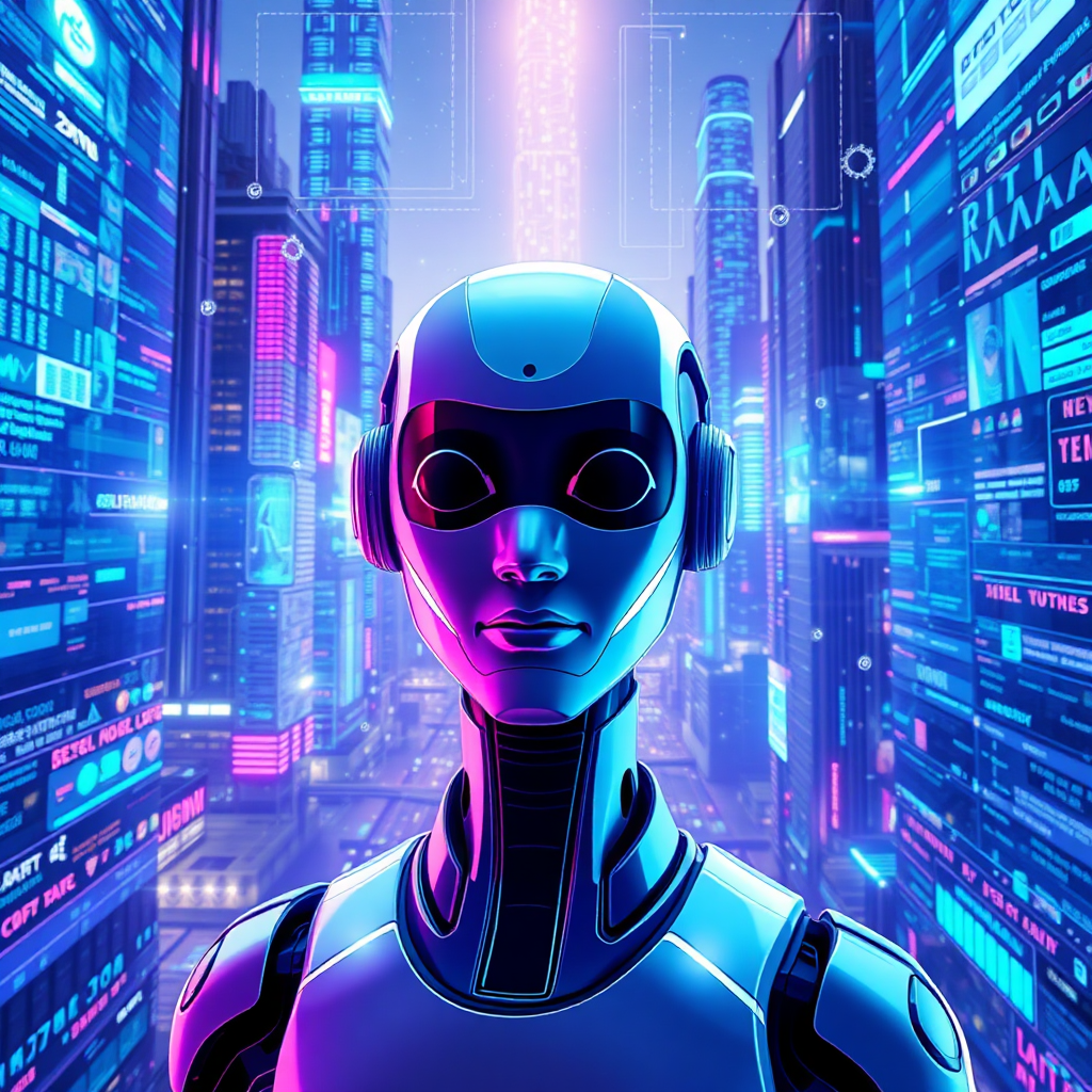 A futuristic cityscape with holographic displays and interconnected data streams. A sleek, modern AI chatbot avatar is prominently featured, representing cutting-edge technology. The color palette uses blues, purples, and silvers to convey innovation and sophistication. The style is clean and high-tech, reflecting a forward-thinking approach. The lighting is dramatic and dynamic, highlighting the visual elements. Technical specs: High-resolution rendering, detailed textures, realistic reflections.