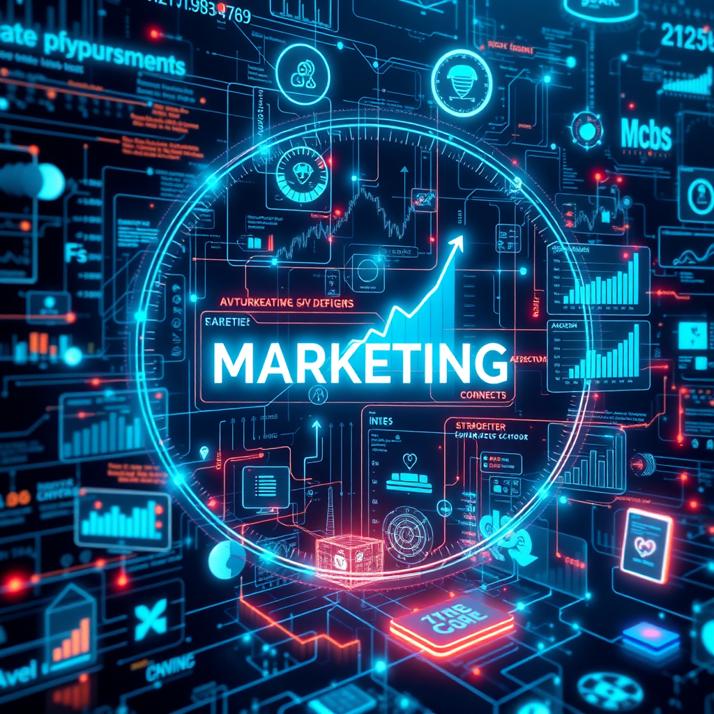 Futuristic marketing visualization with data streams and growth charts