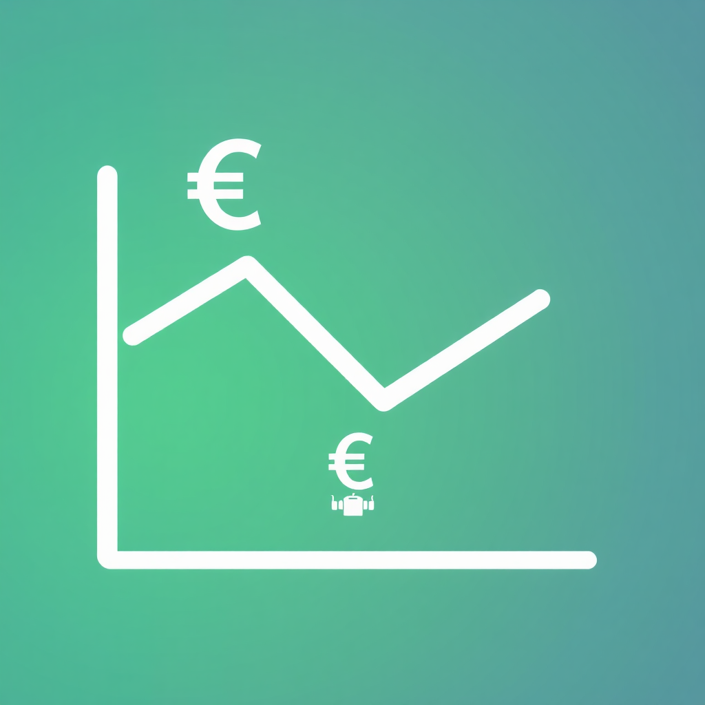A graphic depicting a downward trending line graph with a euro (€) symbol above it, representing cost reduction. Below the graph, a small AI chatbot icon is shown, subtly indicating its role in reducing expenses. The color palette uses shades of green and white to convey savings and efficiency. The style is clean and minimalist, focusing on clarity and impact. The background is simple and uncluttered. Technical specs: High-resolution vector graphic, smooth gradients, clear data visualization.